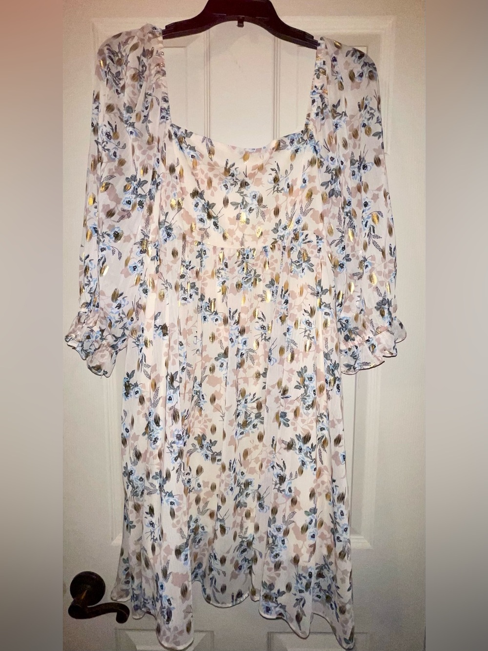 Floral Ruffle Sleeve Babydoll Dress - Blue & Cream